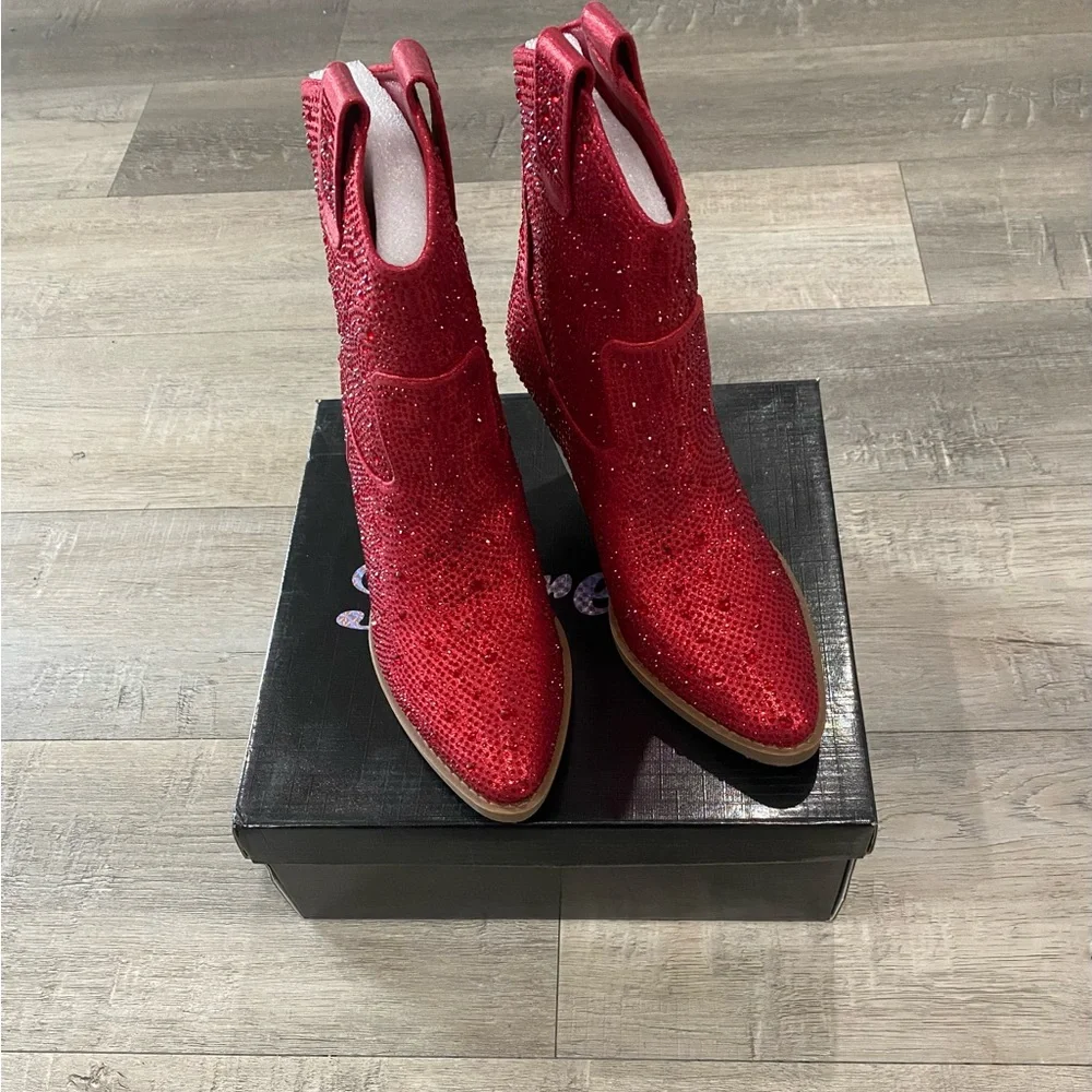 Red Rhinestone Cowgirl Sparkling Pull-on Christmas Party Forever Ankle Booties - Picture 2 of 8